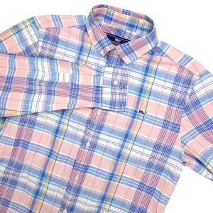 Vineyard Vines Whale Shirt Mens Medium Pink Blue Plaid Button Down Cotton Casual